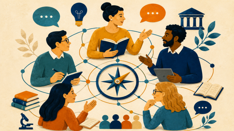 Illustration of academic leadership in higher education through trust, collaboration, and shared responsibility.