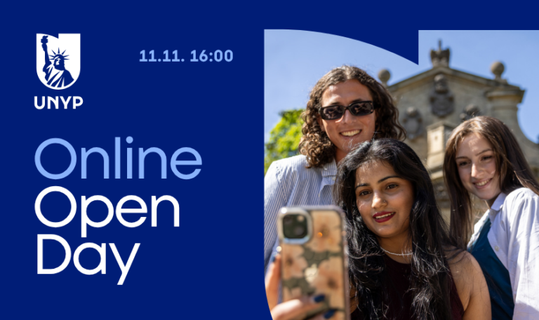 UNYP Online Open Day on November 11 at 16:00, featuring three students taking a selfie in front of a university building.